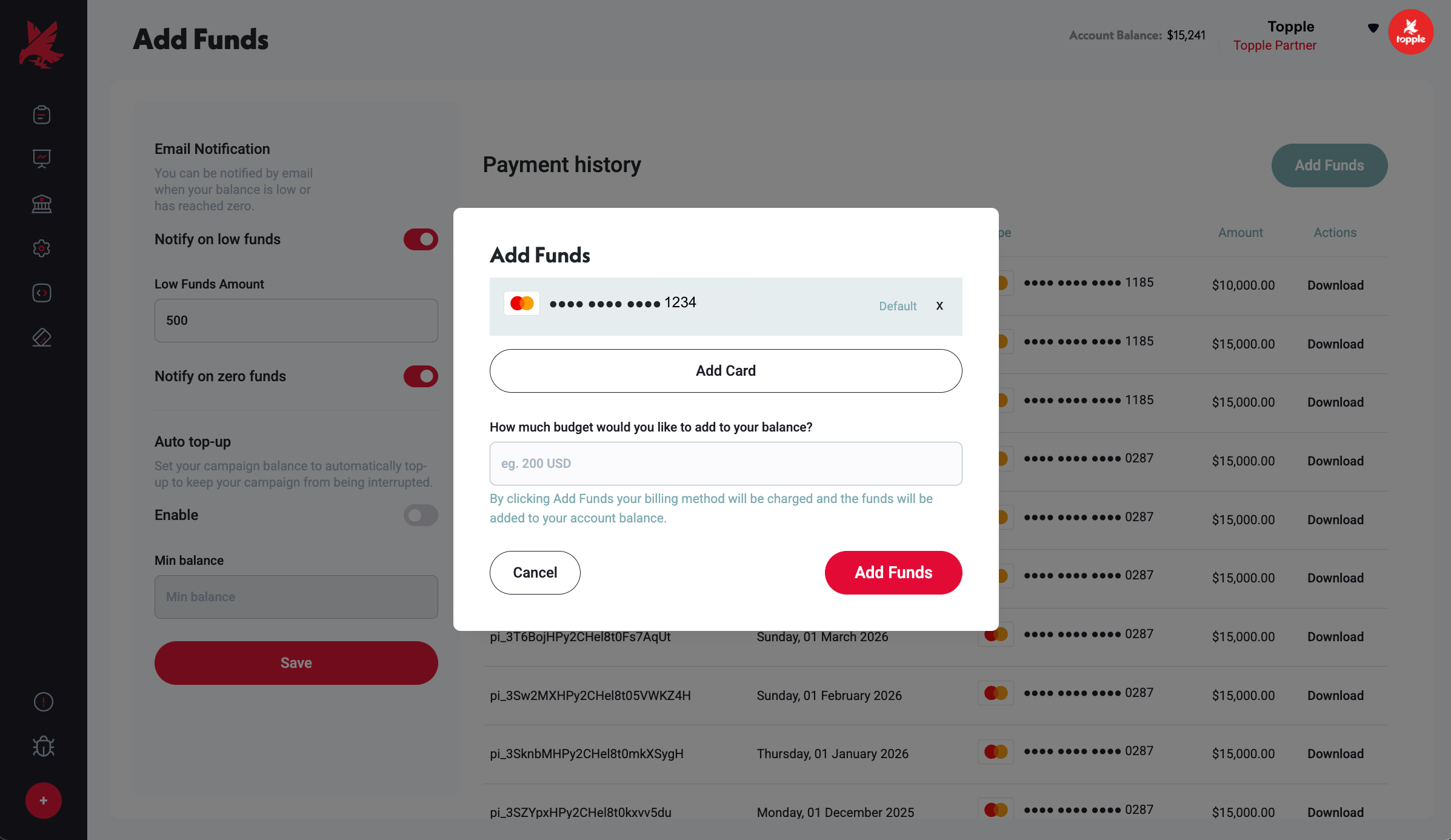 Add Funds modal with saved card and balance amount field, on the Add Funds page.