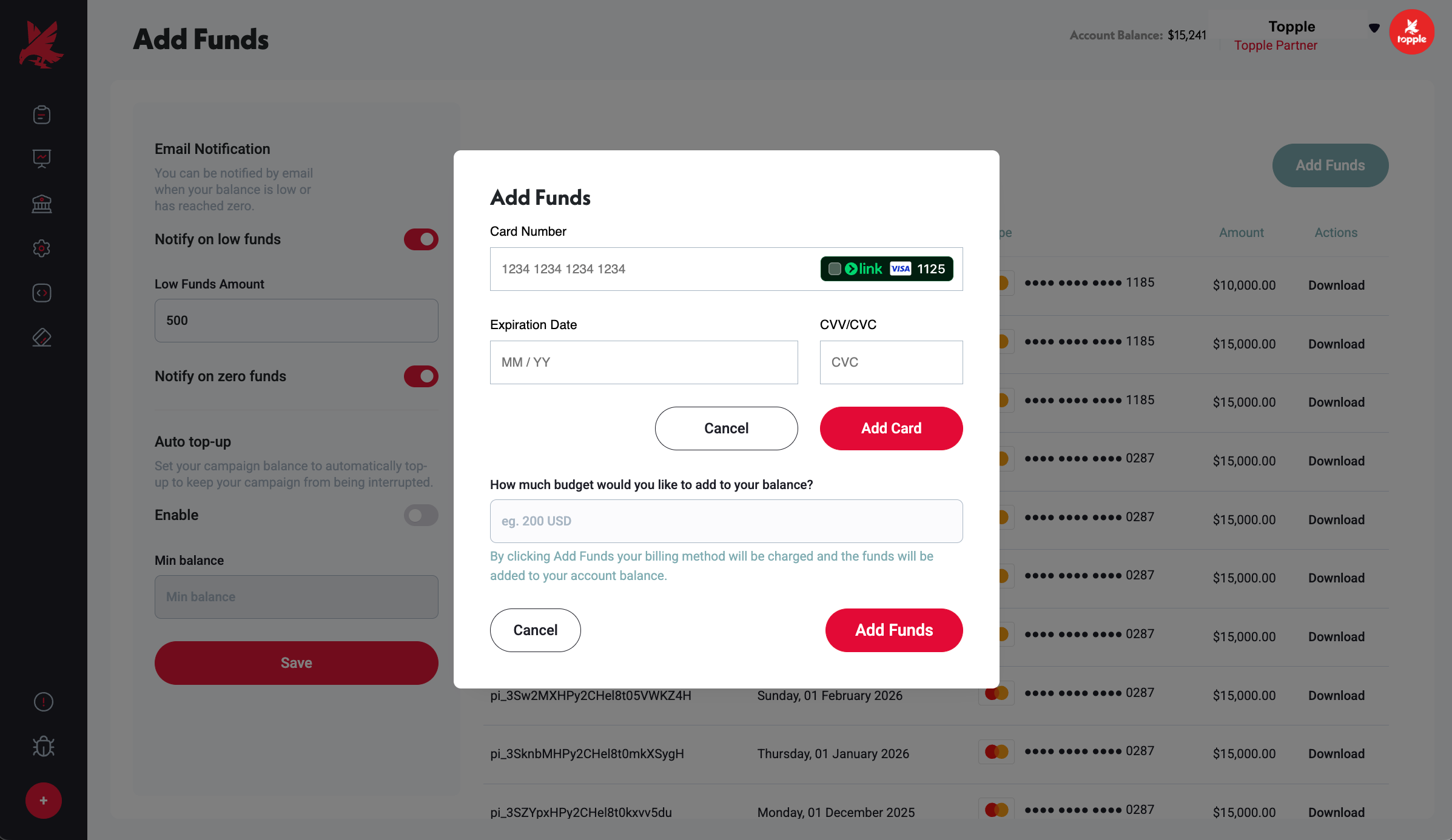 Adding a new card: card number, expiration, and CVV fields.