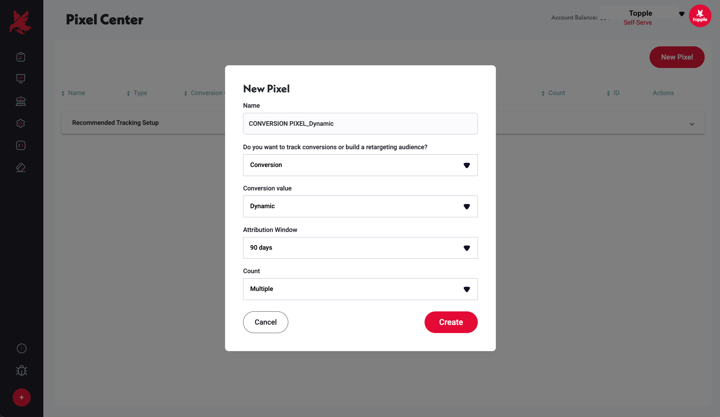 Pixel Center → New Pixel modal, with Conversion selected and Conversion value set to Dynamic.