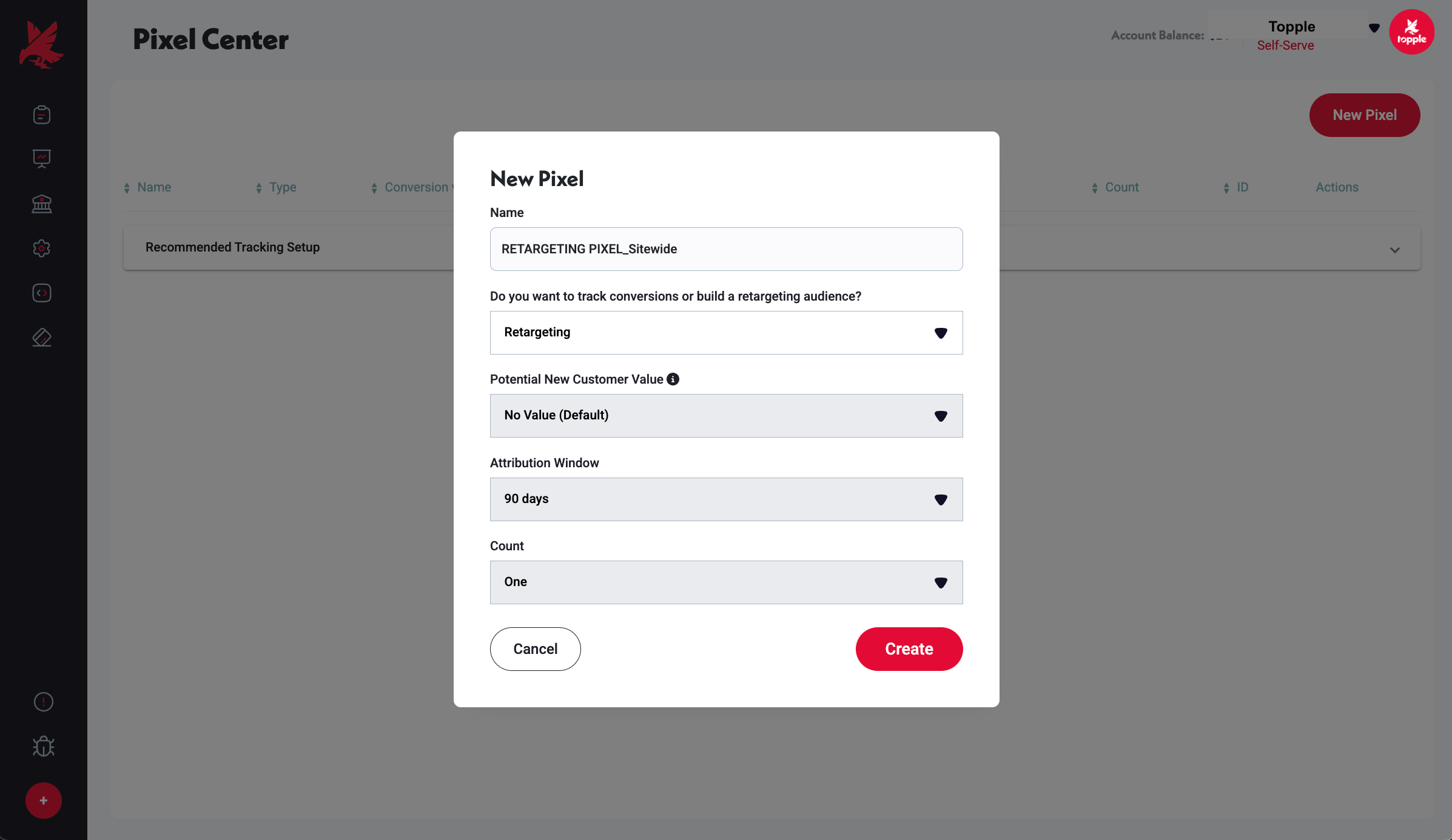 Pixel Center → New Pixel modal, with Retargeting selected and Potential New Customer Value set to No Value (Default).