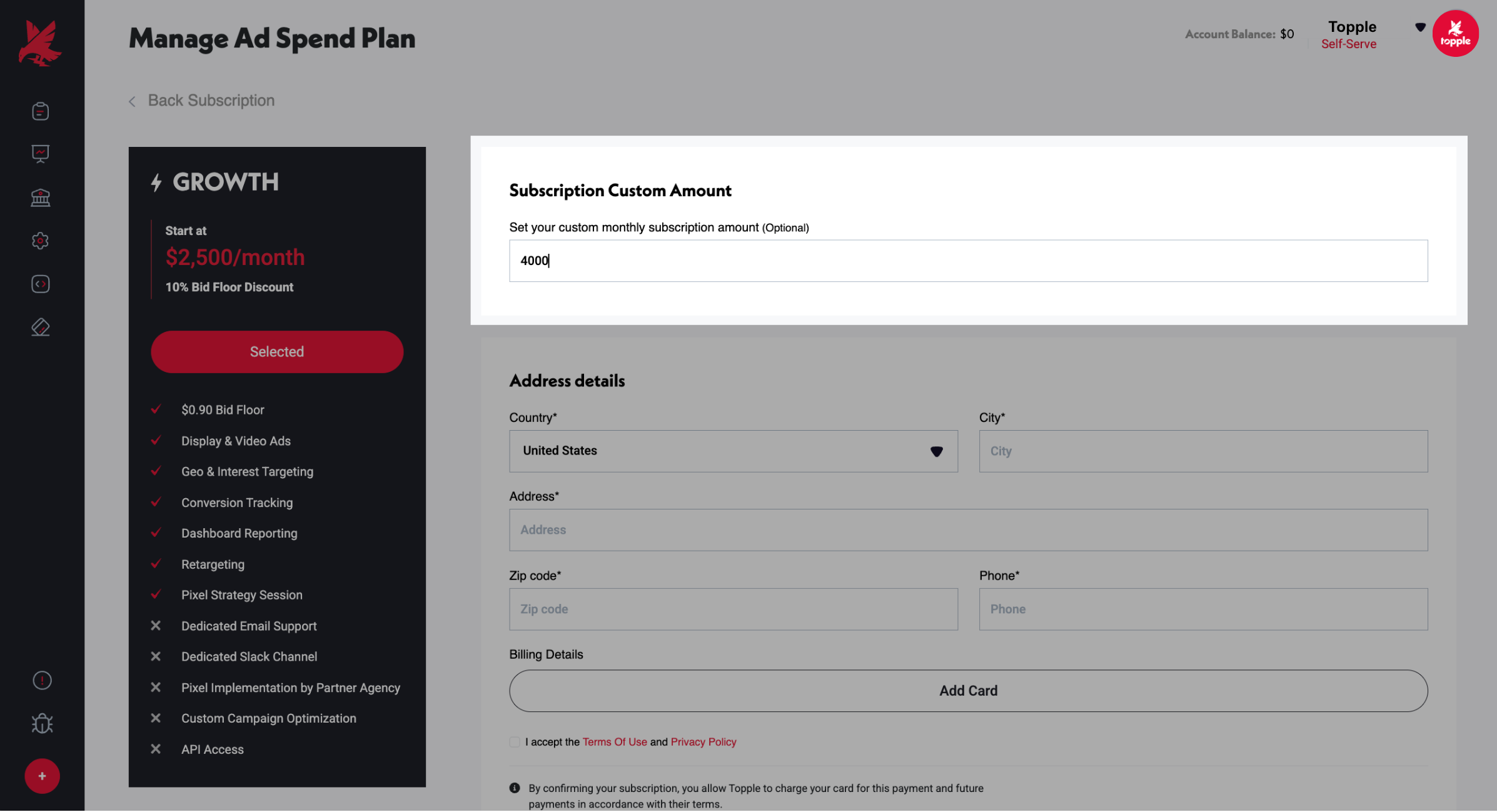 Subscription Custom Amount field in the Topple dashboard