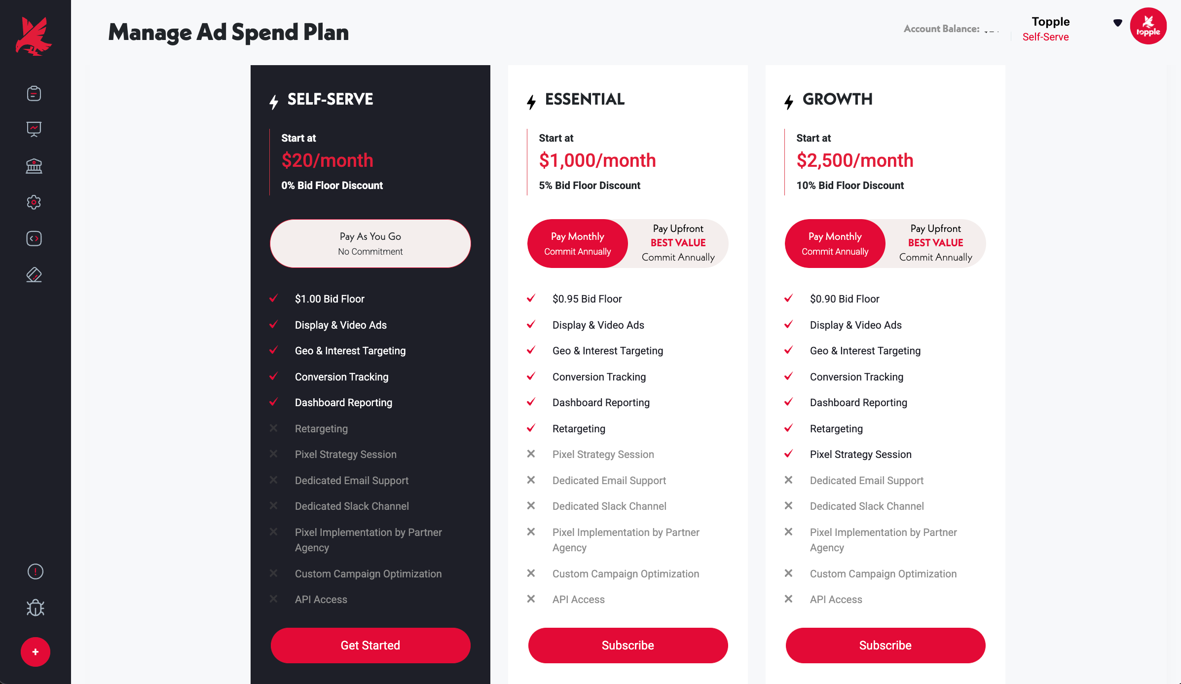 Manage Ad Spend Plan screen in the Topple dashboard