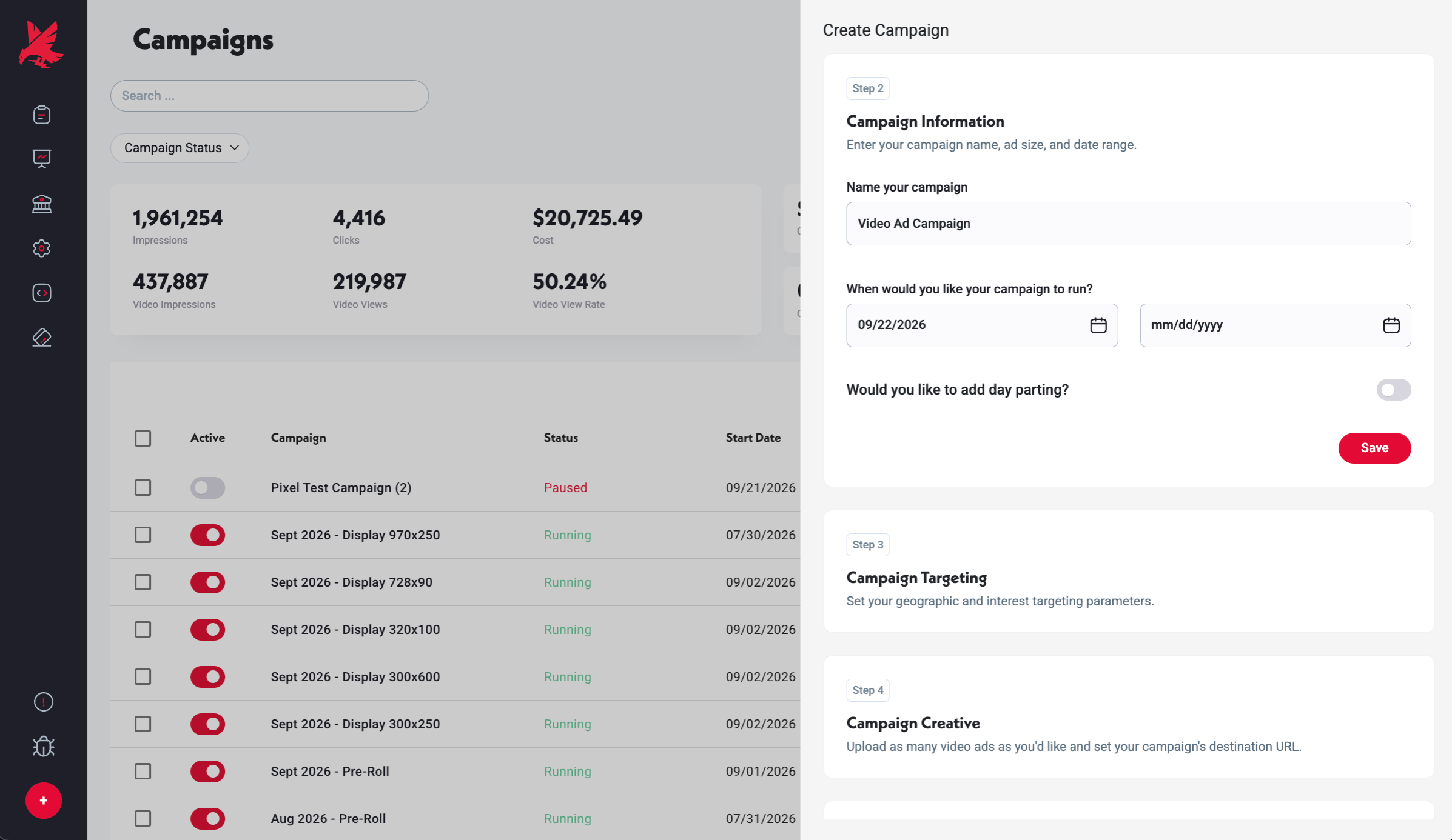 Campaign Information fields: campaign name, run dates, and the day-parting toggle.