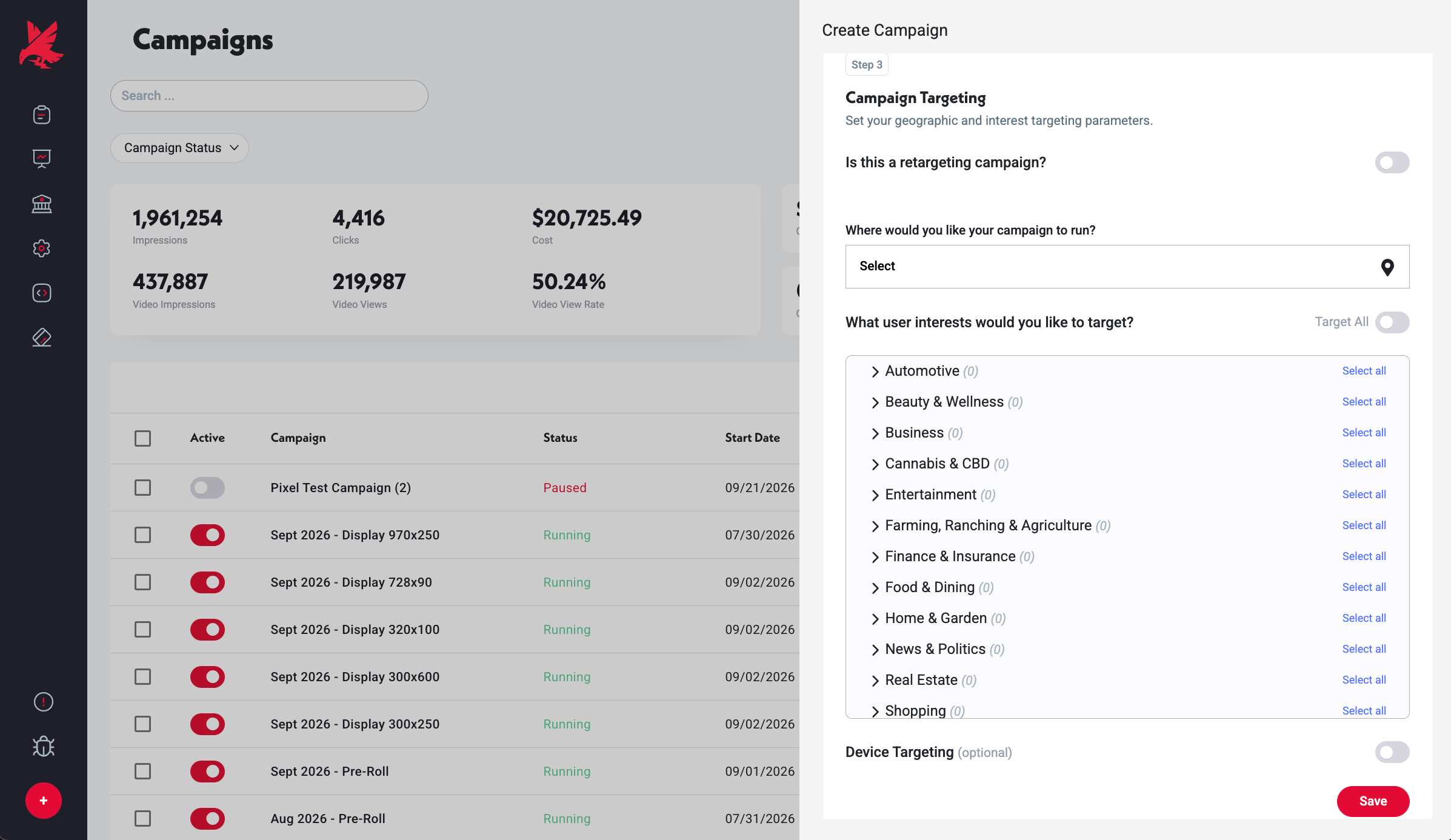 Targeting step: retargeting toggle, location field, Regions selector, interest categories, and optional device targeting.