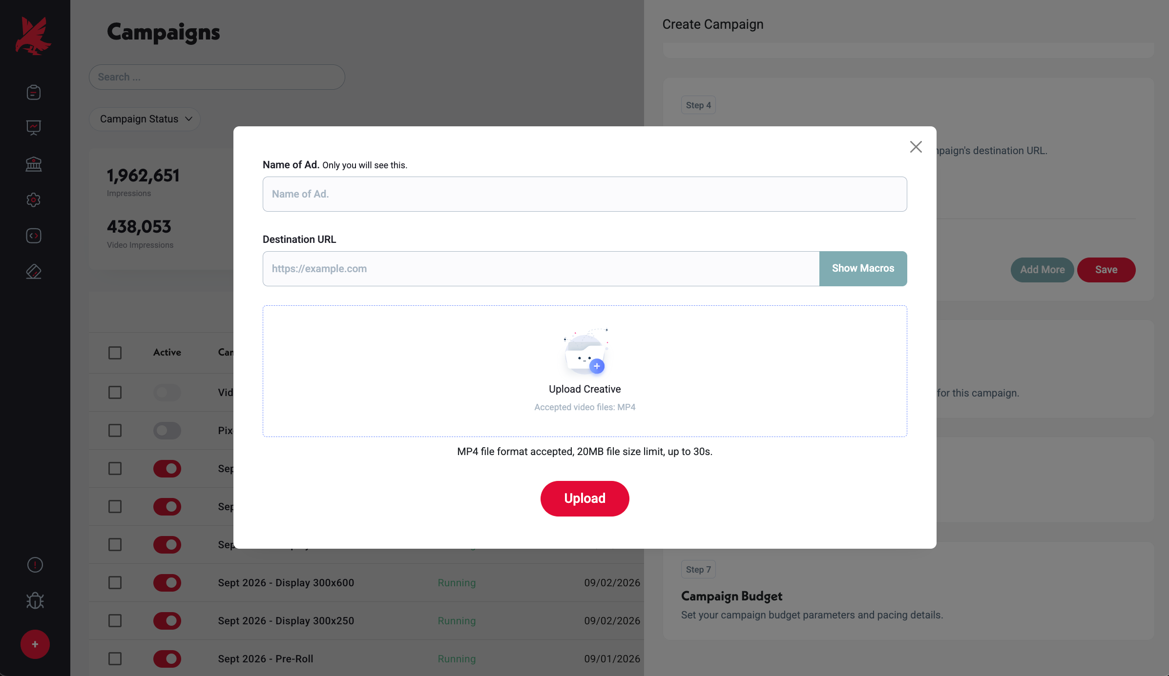 Creative modal: ad name, destination URL with macro support, and file upload.