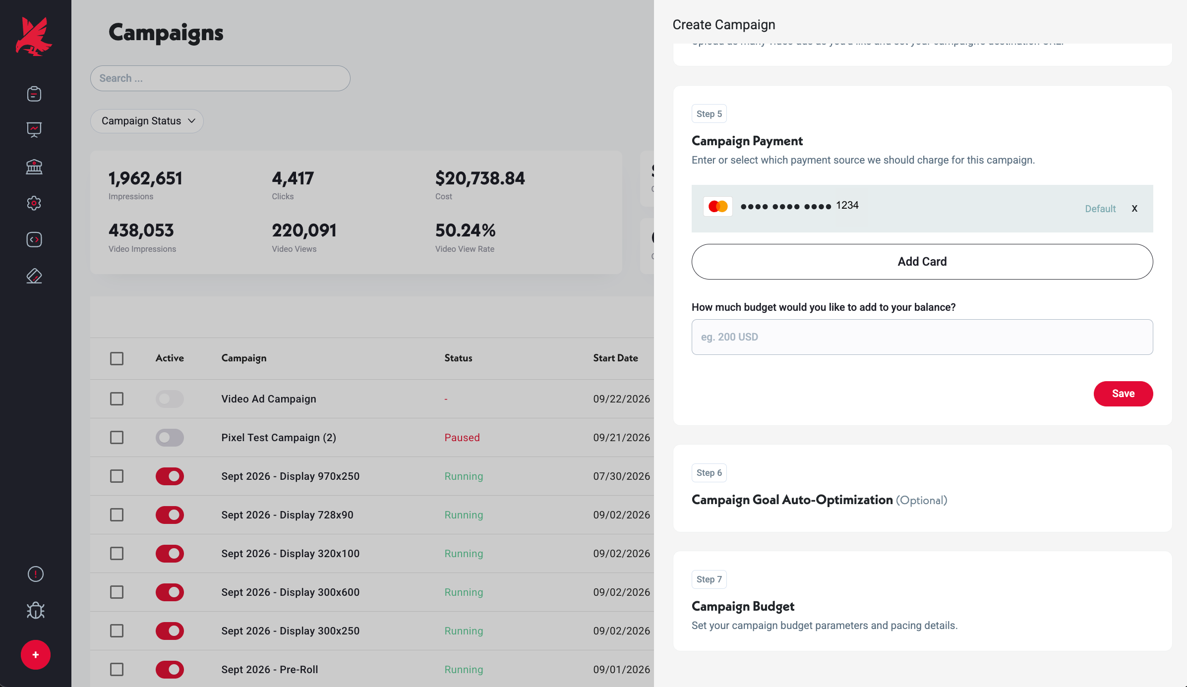 Payment step: saved card, Add Card option, and balance top-up field.