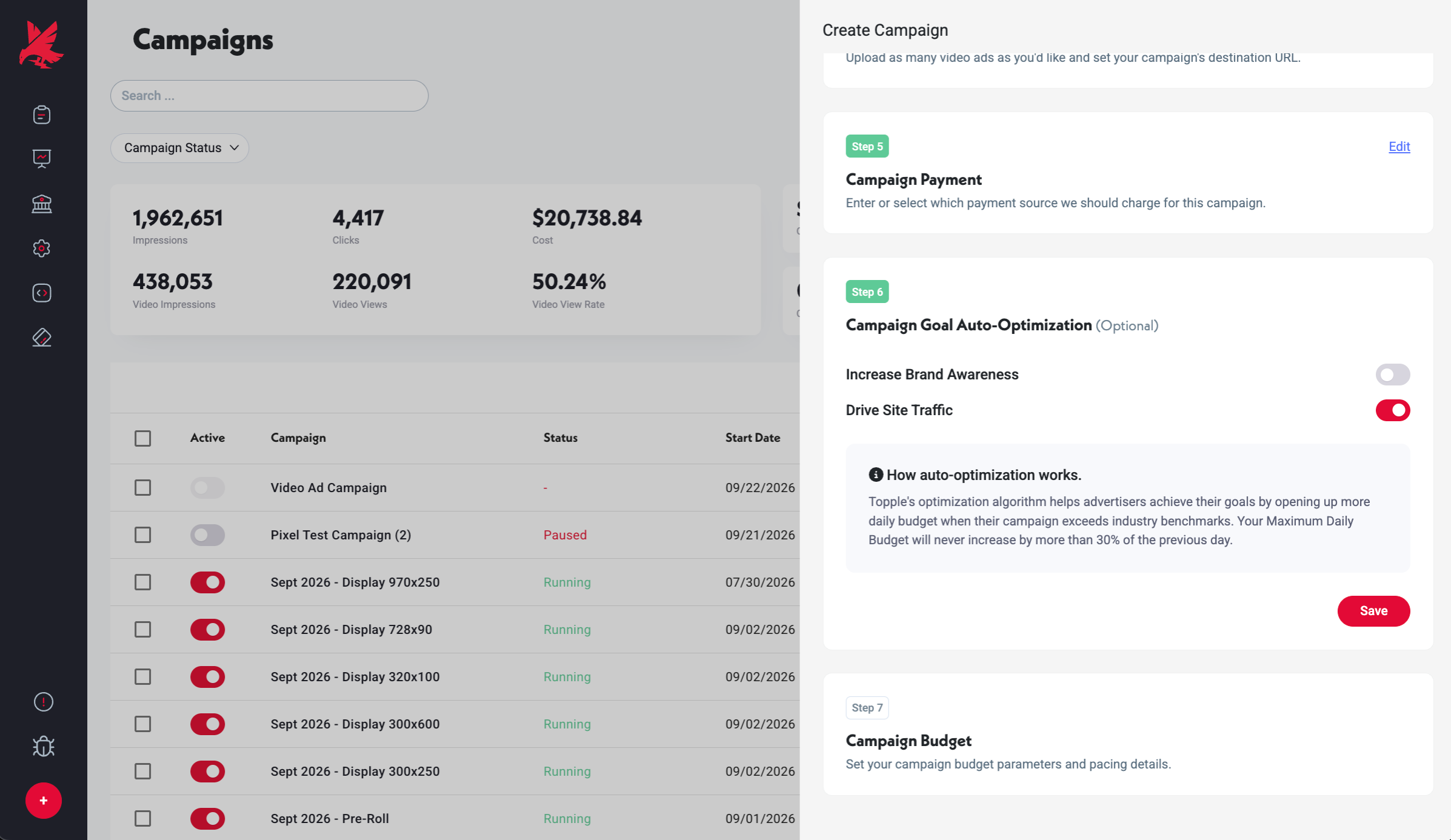 Campaign Goal Auto-Optimization: Increase Brand Awareness / Drive Site Traffic toggles.