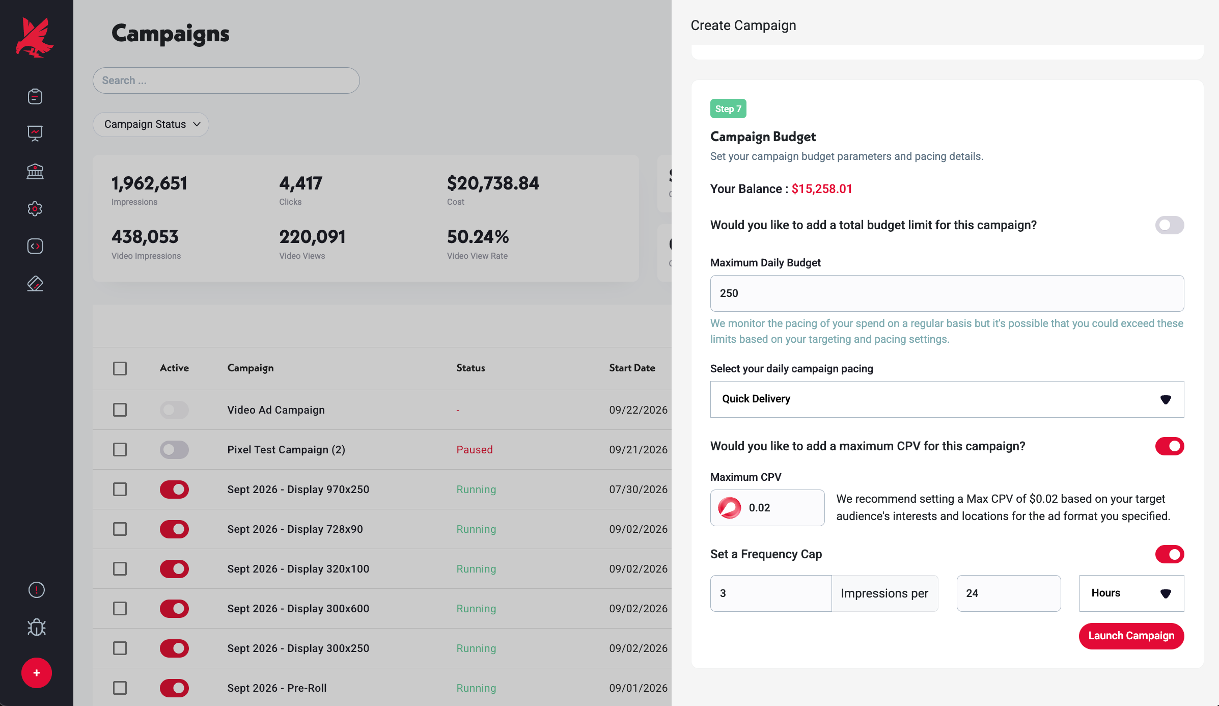 Budget step: total budget toggle, Maximum Daily Budget, pacing, Maximum CPV, and Frequency Cap.