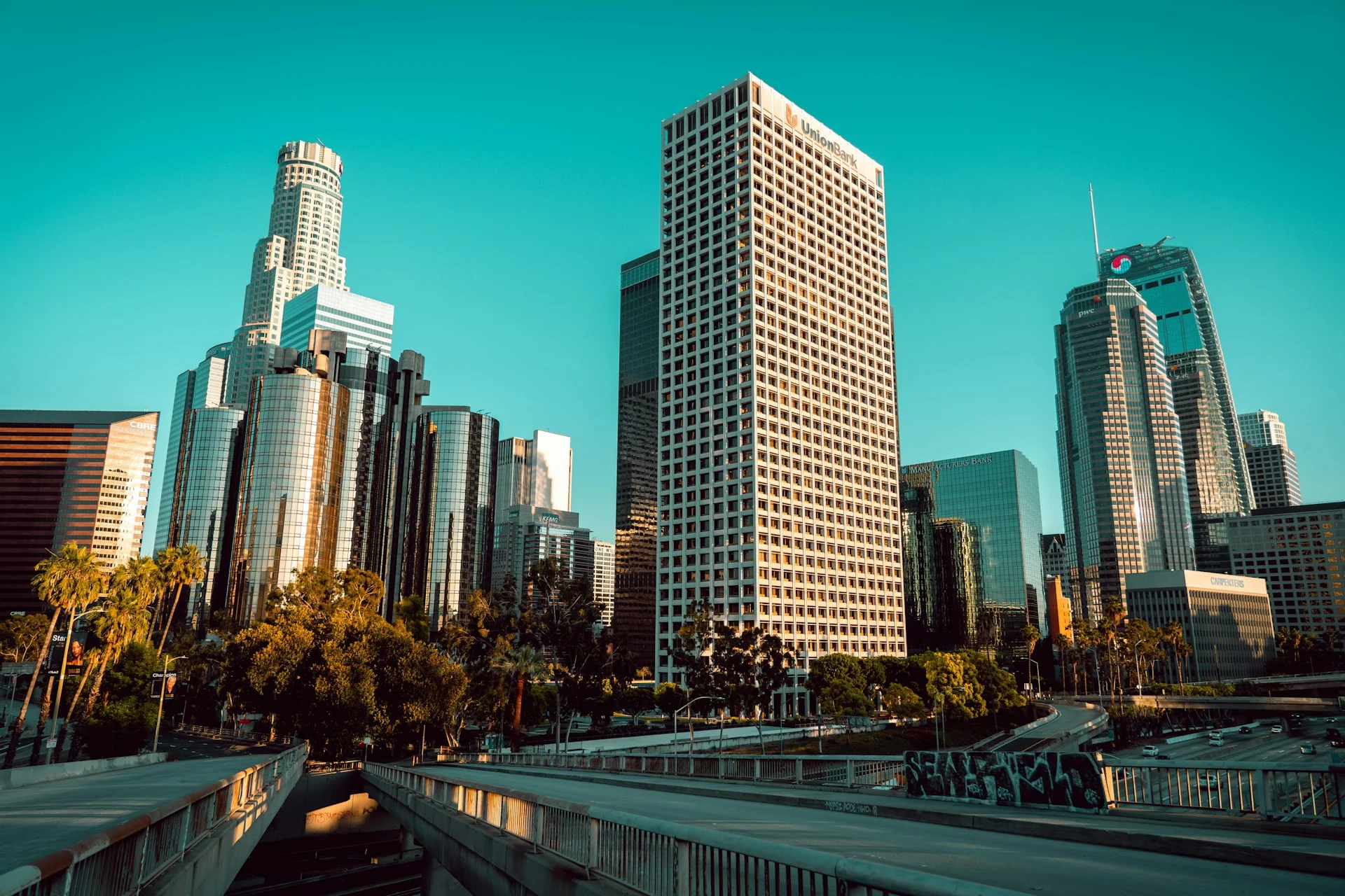Downtown skyline of glass skyscrapers