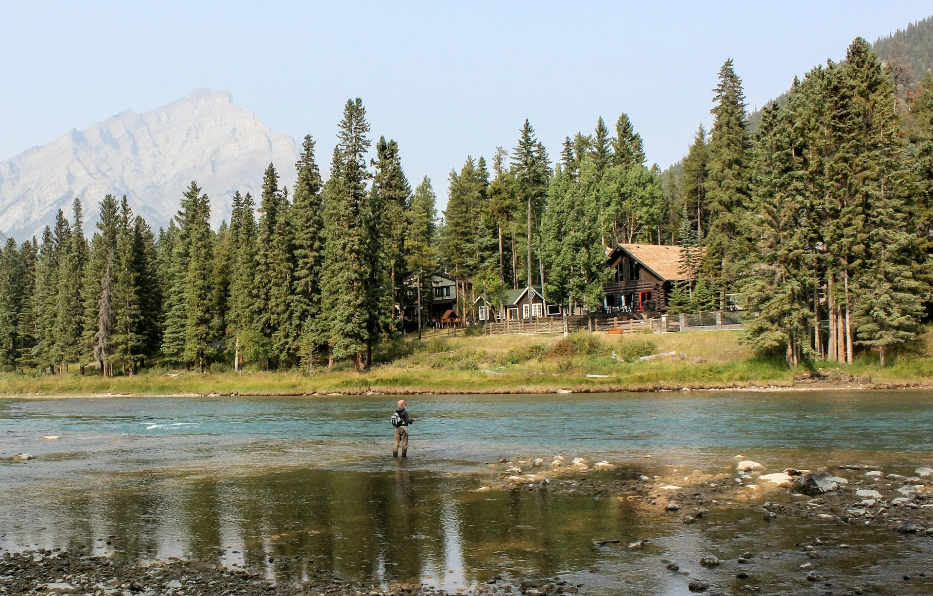 Cabin on a lake shore surrounded by pines