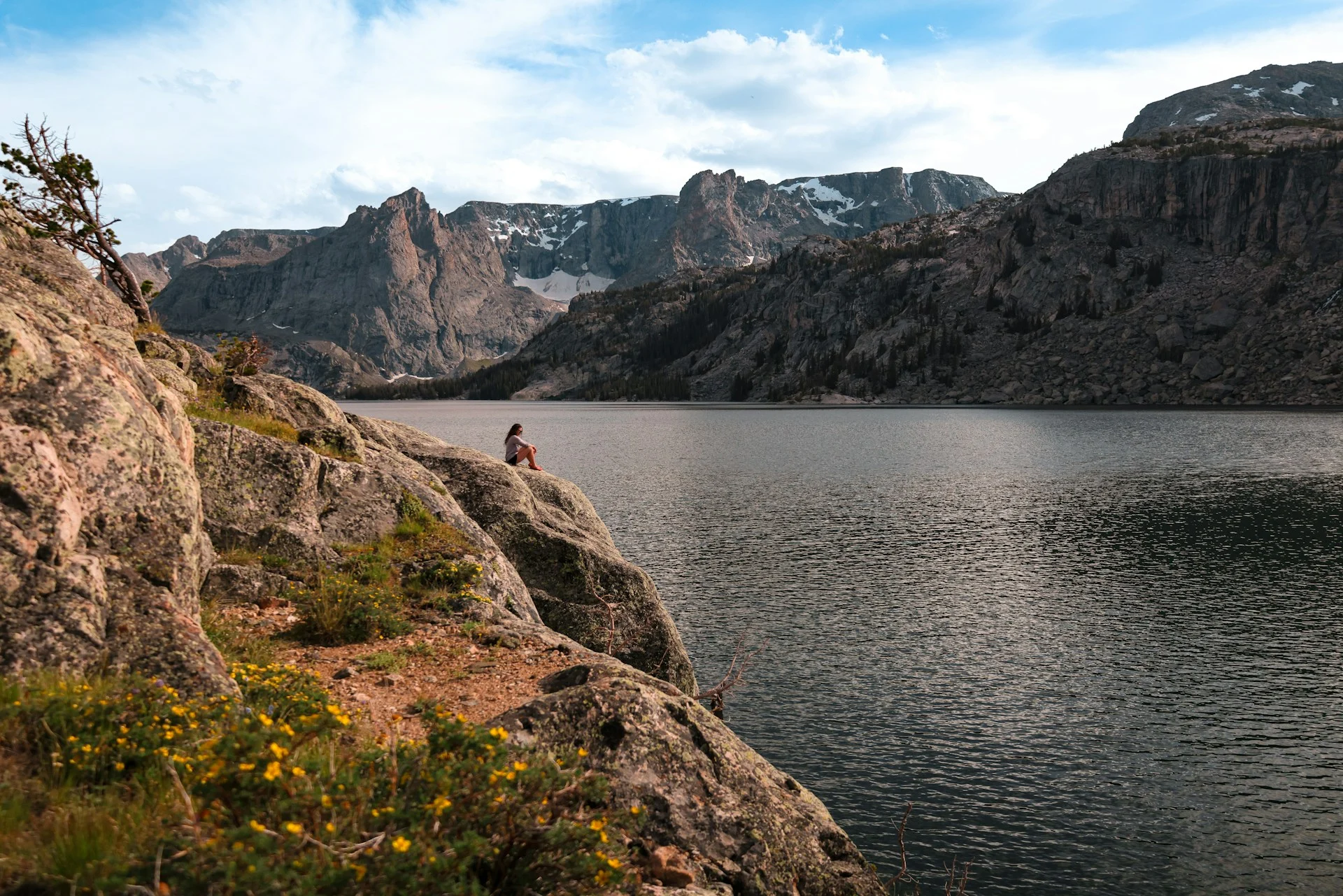 Mountain lake with a rocky shoreline